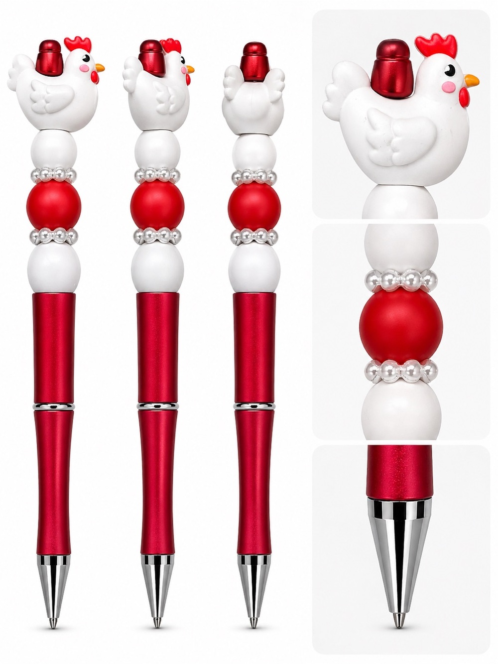 Hand Crafted Red and White Chicken Bead Pen